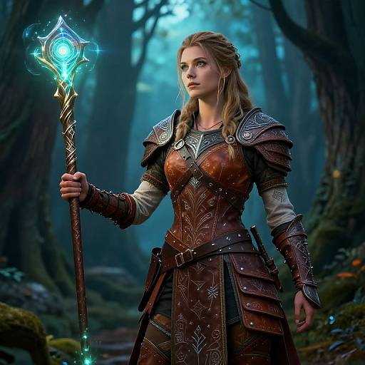 Digital fantasy artwork of a determined young woman in medieval armor holding a glowing, ornate staff in a misty forest.