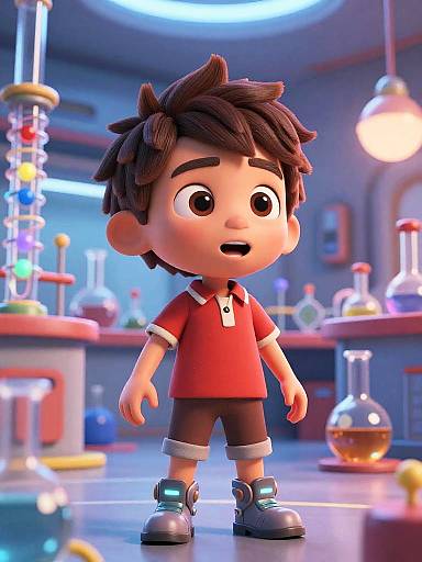 CGI cartoon of a cute, young boy with dark brown hair, wearing a red shirt, black shorts, and blue shoes, standing in a colorful