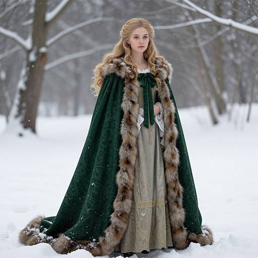 Photograph of a blonde woman in a medieval-style green cloak with fur trim, standing in a snowy forest. She wears a long, ornate dress