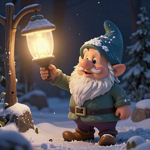 CGI image of a smiling, snow-covered gnome in a green hat and coat, holding a glowing lantern in a snowy forest.