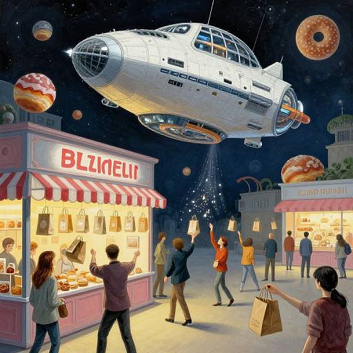 Whimsical digital illustration of a space-age, doughnut-themed shopping mall with a flying spaceship, colorful planets, and people shopping at 