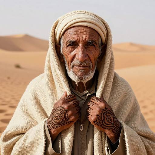Photograph of an elderly, weathered Middle Eastern man with dark skin, white beard, and intricate henna designs on hands, wearing a cream-colored