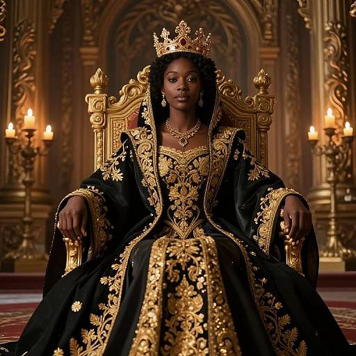 Regal African woman in ornate black and gold gown with intricate embroidery, crown, and throne, surrounded by lit candelabras in opulent,