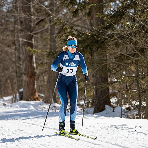 Photograph of a female cross-country skier in blue and white racing suit, bib number 17, skiing in a snowy forest.