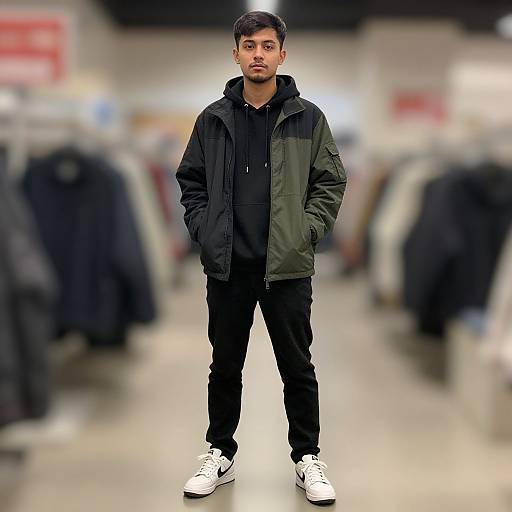 Photograph of a young man with short black hair, light brown skin, wearing a green and black jacket, black hoodie, black pants, and white