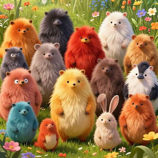 Digital artwork of fluffy, colorful, bear-like creatures with various fur colors, standing in a vibrant, flower-filled meadow. Bright, playful, and