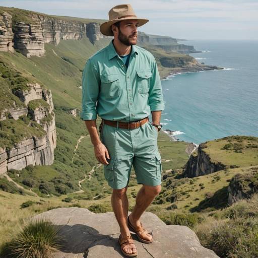 Man in Safari Outfit Overlooking Coastal Cliffs