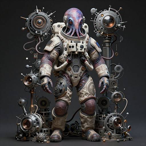 Digital artwork of a humanoid astronaut with a glowing, multi-colored helmet, surrounded by intricate, metallic machinery and gears against a dark background.