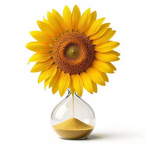 Photograph of a vibrant yellow sunflower in a clear glass vase, with a small mound of sand at its base, set against a white background.