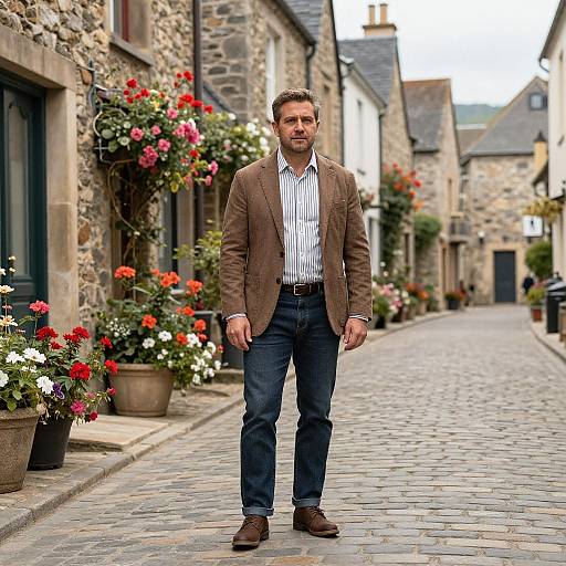 Photograph of a bearded man in brown blazer, striped shirt, and blue jeans standing on a cobblestone street lined with flower pots and