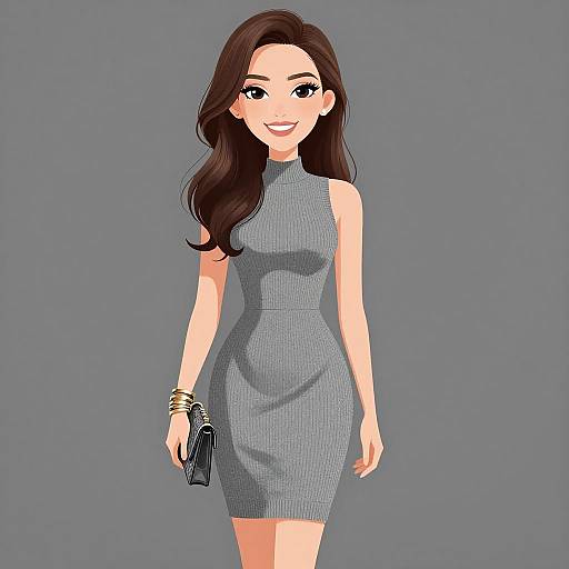 Digital illustration of a smiling woman with long brown hair, wearing a form-fitting gray sleeveless knit dress, holding a black clutch, and wearing gold