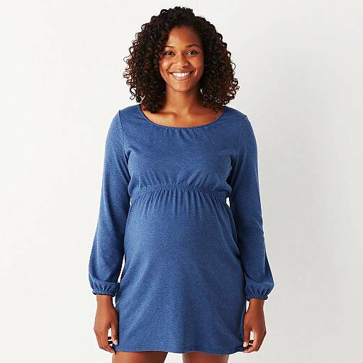 Smiling Pregnant Black Woman in Blue Dress