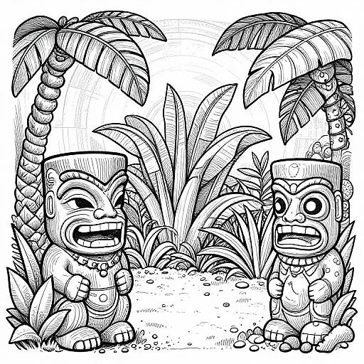 Black-and-white ink drawing of two cartoonish, tribal-style monkey figures with large eyes, sitting on either side of palm trees and tropical plants. Both