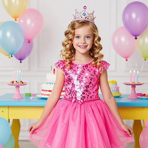 Photograph of a smiling blonde girl with curly hair, wearing a pink sequin dress, pink tulle skirt, and sparkling tiara, standing in