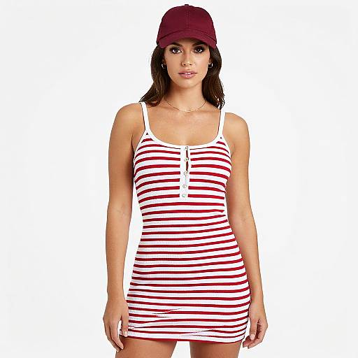 Photograph of a young woman with fair skin, brown hair, wearing a red and white striped tank dress, maroon cap, and white background.