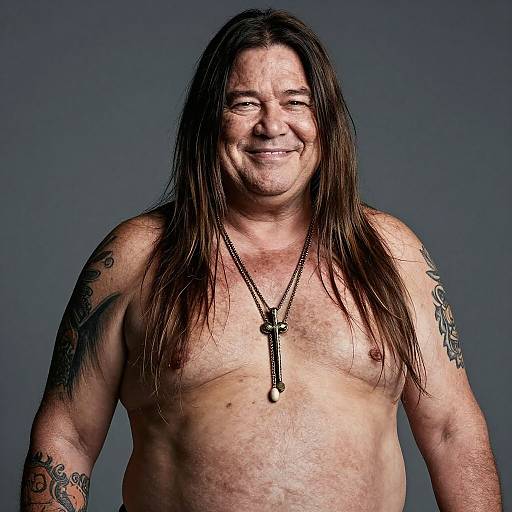 Photograph of a smiling, middle-aged, shirtless man with long brown hair, tattoos on both arms, wearing a black necklace with a cross,