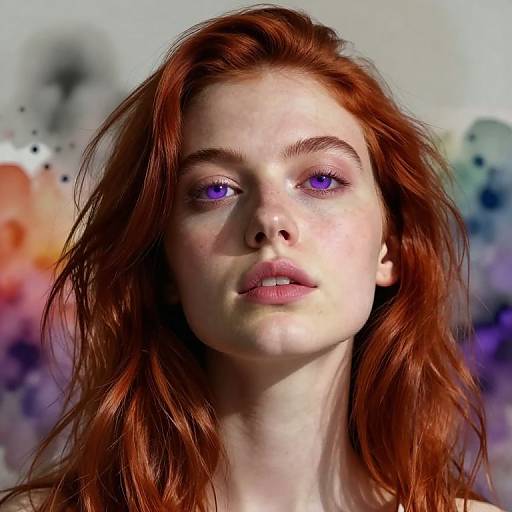 Digital portrait of a fair-skinned woman with vibrant red hair and striking purple eyes, set against a colorful watercolor background.