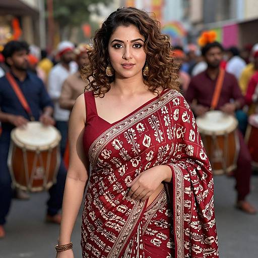 Photograph of a beautiful Indian woman with curly brown hair, wearing a red and gold patterned sari, standing in a street parade with drummers