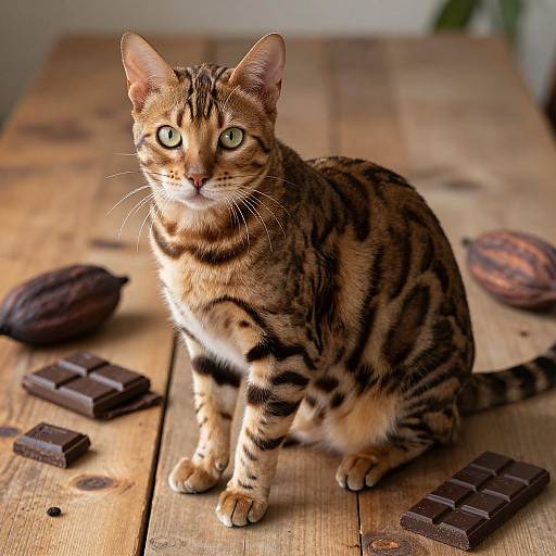 Photograph of a brown tabby cat with green eyes sitting on a wooden table, surrounded by chocolate pieces and whole cocoa pods.