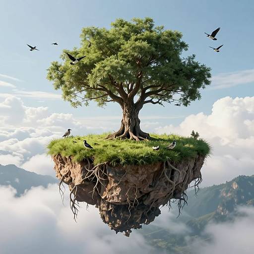 Digital artwork of a floating tree island with lush greenery, roots dangling, surrounded by birds, and set against a cloudy sky.