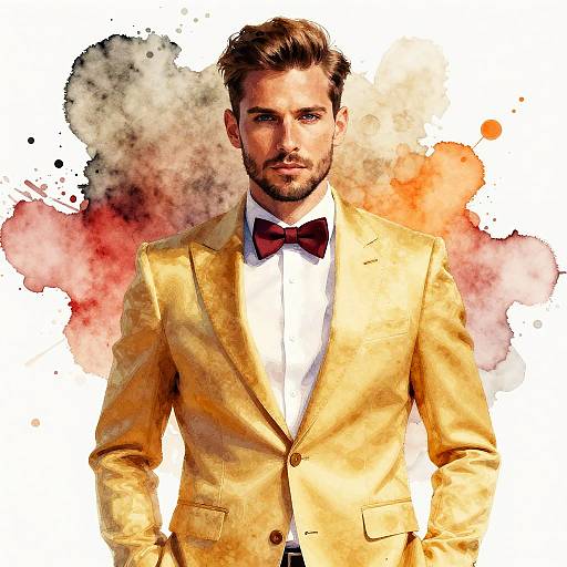 Digital portrait of a handsome man with a beard in a yellow suit, red bow tie, and white shirt, set against a colorful watercolor splash background
