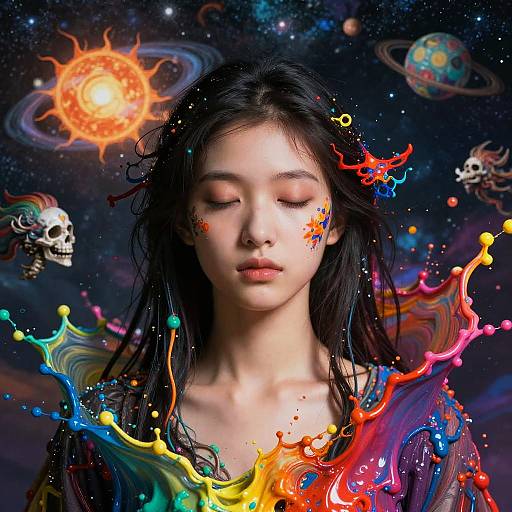 Dreamlike Portrait of Asian Girl with Colorful Paint Splash and Mythical Space Background