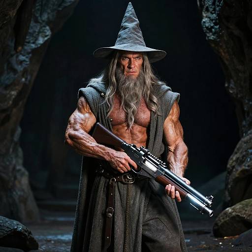 Muscular, gray-bearded wizard with long hair, wearing a pointed hat, sleeveless black robe, holding a rifle, standing in a dark cave