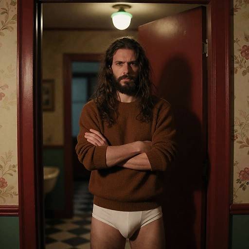 Intense Man in a Dimly Lit Doorway