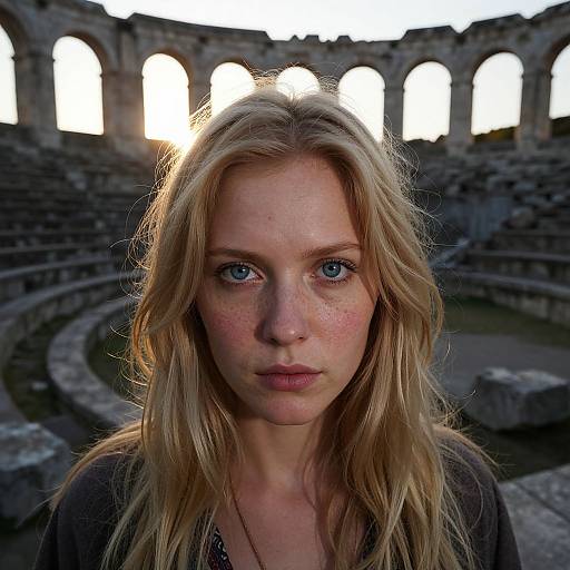 Photograph of a young blonde woman with blue eyes, freckles, and serious expression, standing in a sunlit, ancient stone amphitheater
