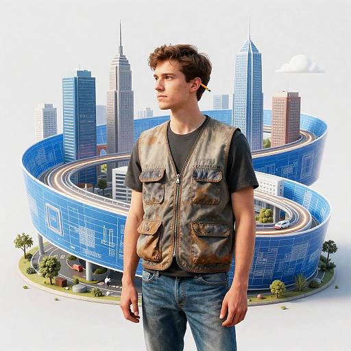 Urban Planner Amid Ribbon Blueprint Skyline