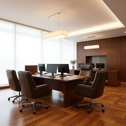 Modern office photograph: sleek wooden conference table with four black leather chairs, two computer monitors, wooden floors, large window, and contemporary lighting.
