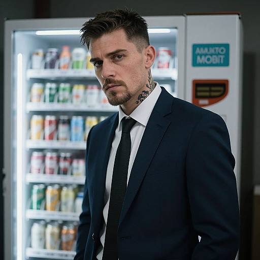 Photograph of a serious, tattooed man in a black suit and tie, standing in front of a brightly lit vending machine.