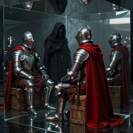 Photorealistic CGI of armored knight in shiny silver armor with red cape, sitting in reflective glass cube, shadowy figure looming behind.