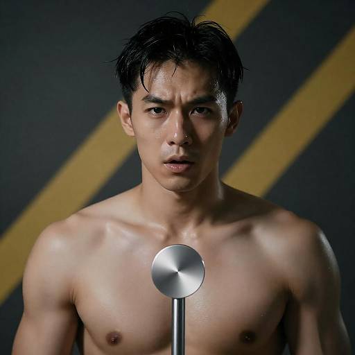 Shirtless Asian Man with Intense Expression