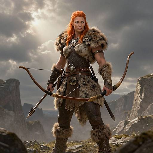 Digital artwork of a fierce, red-haired warrior woman with fur cloak, arm armor, and bow, standing in a rocky, mountainous landscape under a