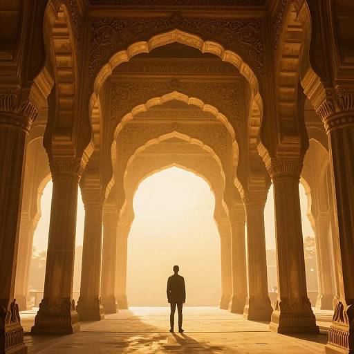 Photograph of a solitary figure standing in a sunlit, ornate Mughal-style archway corridor, with golden light casting long shadows.