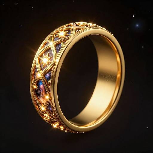 Glowing, golden ring with intricate star-patterned design and embedded blue gems, set against a dark, starry background. Photorealistic CGI