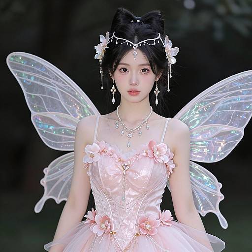 Digital art of an ethereal Asian fairy with black hair, wearing a pink floral dress, translucent iridescent wings, and a floral headpiece,