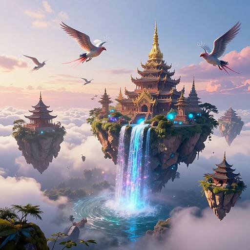 Digital fantasy artwork of floating, golden pagoda islands with cascading waterfalls, surrounded by flying birds and misty clouds at sunset.