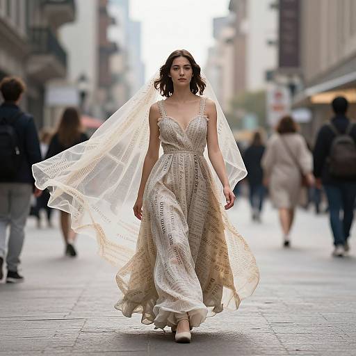 Photograph of a dark-haired woman in a flowing, textured, cream-colored gown with a sheer veil, walking down a bustling city street.