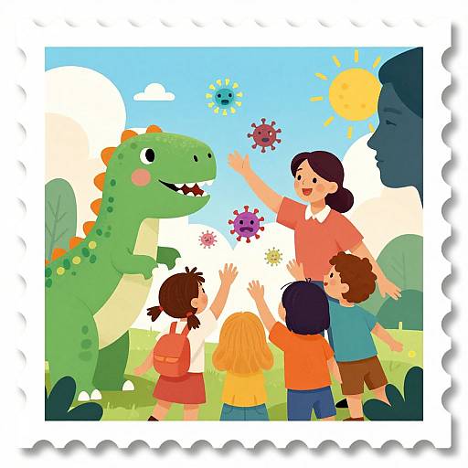 Colorful digital illustration of five children playing with colorful balls in a sunny field, accompanied by a green dinosaur and a black profile of a man, with