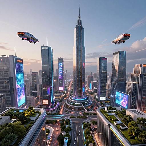 Digital artwork of a futuristic cityscape with flying cars, towering skyscrapers, neon-lit billboards, and a central circular building at sunset.