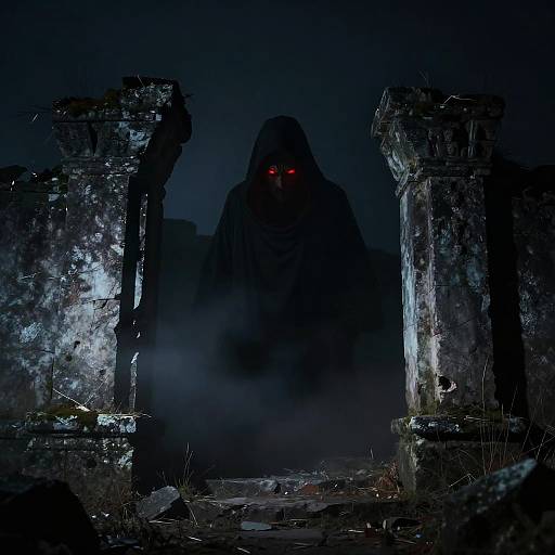 Mysterious, hooded figure with glowing red eyes emerges from dark, foggy ruins framed by crumbling, illuminated stone columns at night.