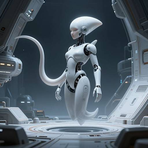 CGI image of a sleek, white, humanoid, robotic alien with a long tail, standing in a futuristic, illuminated spaceship corridor.