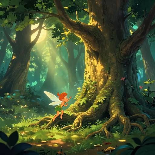 Whimsical fairy with red hair and translucent wings sits on a sunlit, mossy tree root in a vibrant, enchanted forest.