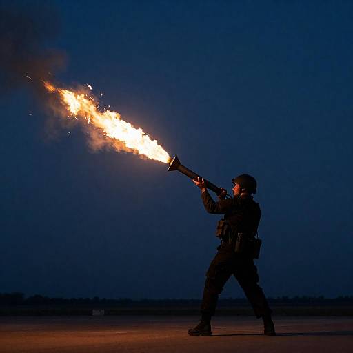 Soldier Firing Fiery Rocket at Twilight
