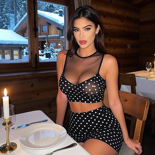 Photograph of a dark-haired woman with olive skin, wearing a sheer black polka dot bralette and matching shorts, sitting at a candlelit wooden