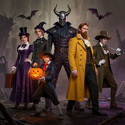 Photograph-style digital illustration of a Halloween-themed group: two women, a horned demon, a bearded man in a yellow coat, and a