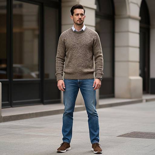 Photograph of a handsome, bearded man in a brown knit sweater, blue jeans, and brown shoes, standing confidently on a city street.