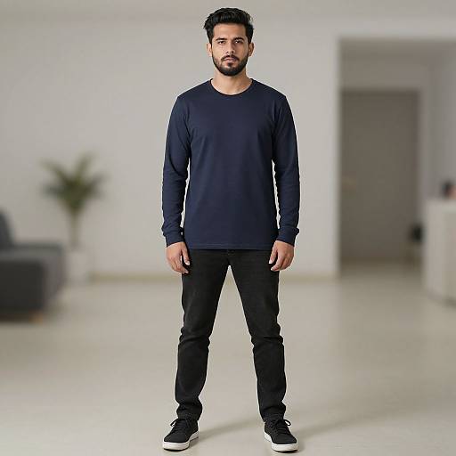 Photograph of a bearded man with short black hair, wearing a navy long-sleeve shirt, black jeans, and black sneakers, standing in